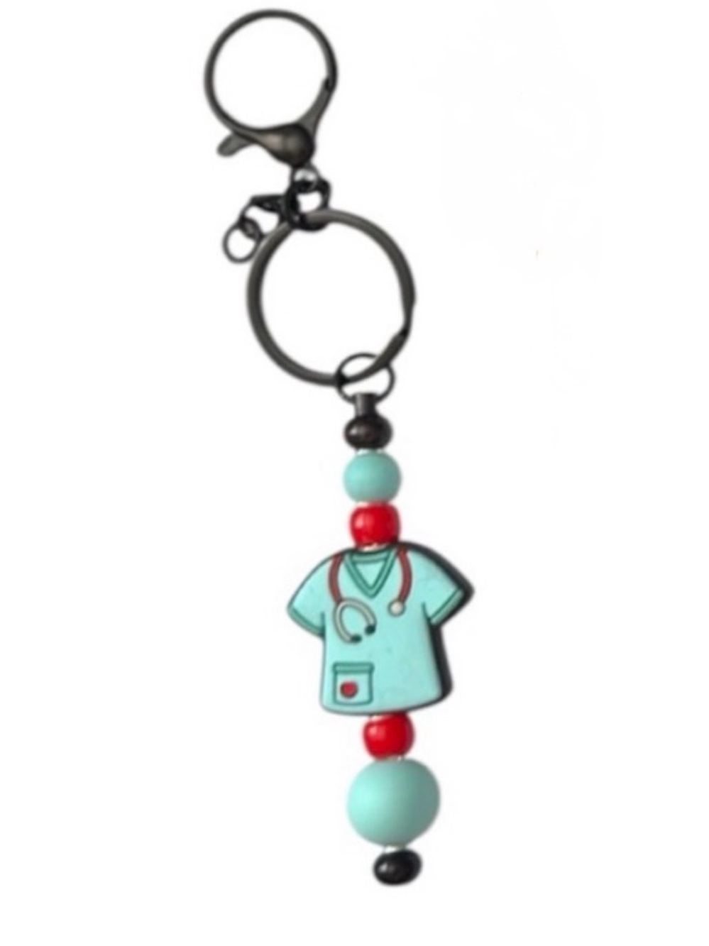 Nurse Scrub Charm Keychain - Light Blue:teal with Red Accents